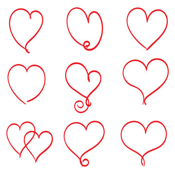 isolated set of childish hand drawn heart symbols line art vector design