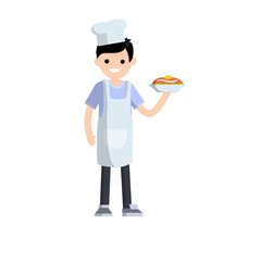 Chef in white apron and cap with plate of food. Work in cafes and restaurant. Kind of profession. The man cooked meal on dish. Cartoon flat illustration