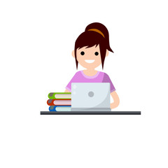 Woman sit at table with laptop. Training and education. Work as programmer and freelance. Young girl. Hobbies and entertainment. Cartoon flat illustration. Pile of book
