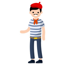 French man in blue striped clothes and red beret waving his hand. Typical resident of Europe. Cartoon flat illustration. Guy stand.
