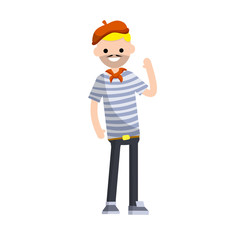 French man in blue striped clothes and red beret waving his hand. Typical resident of Europe. Cartoon flat illustration. Guy stand.