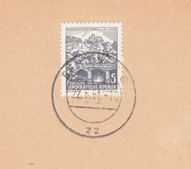 Ruins of the Rudelsburg fortress in Saale, historical buildings and landscapes, postmark Berlin, stamp Germany 1961