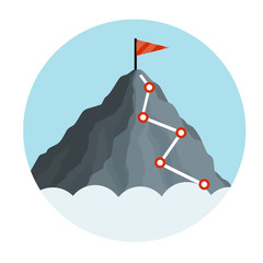 Climbing mountain with red flag. Points and stages of route. Business motivation in personal growth. Self-development and success. Mountaineering and sports. Logo in circle. Cartoon flat illustration