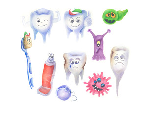 Watercolor Illustration. Can be used as postcards, textile design, patterns, prints for kids or branch of medicine and dentistry relating to the mouth and mouth disease.