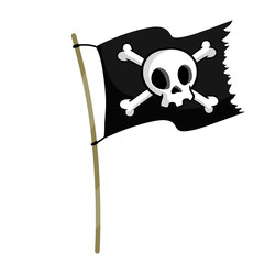 Pirate flag. Skull and bones on black ribbon. element of death. Emblem and symbol of theft and robber. Cartoon flat illustration. jolly Roger