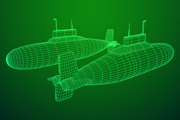 Military atomic submarine underwater boat. Wireframe low poly mesh vector illustration © newb1