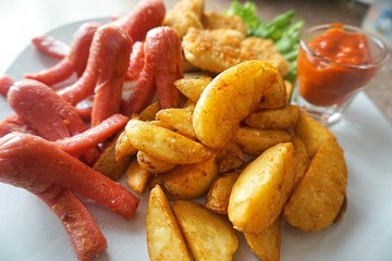 Fried food, sausages and nuggets