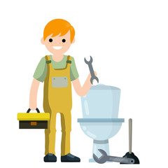 Plumber repairs toilet bowl. Cartoon flat illustration. Worker with wrench, Toolbox, plunger. Renovation in bathroom. Elimination of blockage