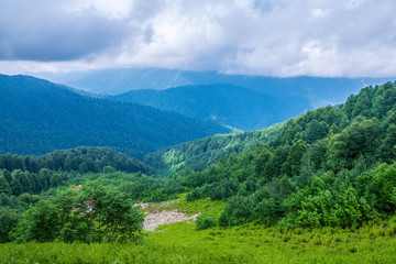 The green slopes of high mountains are hidden in clouds and fog.