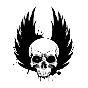 Vector skull with glowing eye, crown wings and paint splashes and drips on white background. Grunge vector illustration