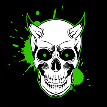 Skull with horns, green glowing eyes, and paint splashes on black background. Grunge vector illustration