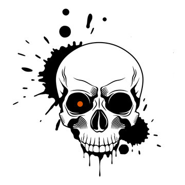 Skull with red glowing eye, splashes and drips of paint on white background. Grunge vector illustration