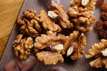 Close-up walnuts, peeled nuts and prepared for adding to the dough