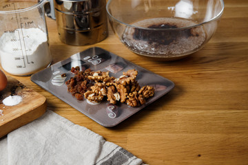 Close-up walnuts, peeled nuts and prepared for adding to the dough