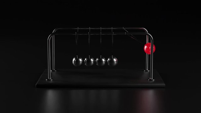 4K Animation of a Newton's Cradle, Chrome Metal Spheres and Light Red Sphere with Reflections in Colliding Movement Motion Concept, Without Friction and Loss of Energy, Looping, Front View, Black BG