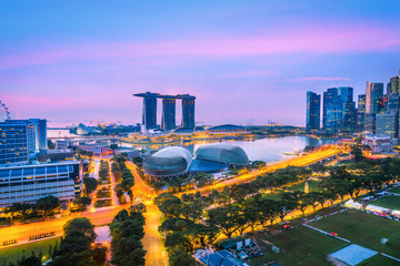 Panorama view of Singapore cityscape and skyscrapers at Marina Bay with sunset sky background,...