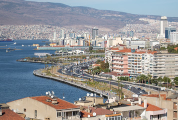 Fototapeta na wymiar Izmir, Turkey - third most populous city in Turkey, and second largest urban agglomeration on the Aegean Sea, Izmir displays a wonderful Old Town. Here in particular its skyline