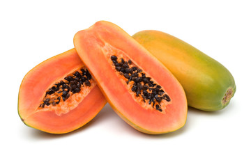 Close up, papayas isolated on white background