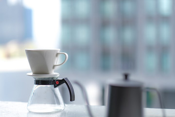 Selective focus of Drip coffee maker, Black coffee, Espresso coffee, Drip coffee pot