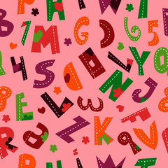 Childish handwriting alphabet pattern, vector. Letters and numbers