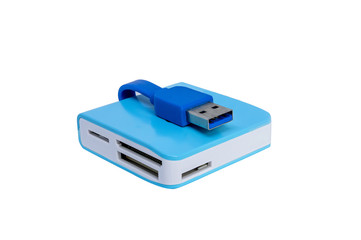 Blue and white colour USB 3.0 multi memory card reader isolate on white background