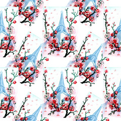 seamless pattern flowers cherry pink white blue