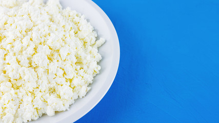 Cottage cheese in a white plate on a blue background. Organic eco healthy meal, dairy product....
