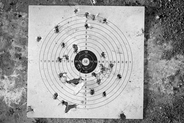 Eine Zielscheibe für den Luftgewehr Sport zerlöchert auf dem Boden.