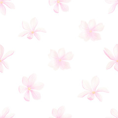 Fototapeta na wymiar Watercolor hand drawn seamless pattern with magnolia flowers on white background. Spring, summer season textile collection. Perfect for fabric, wrapping paper, wedding invitations. Pink flowers.