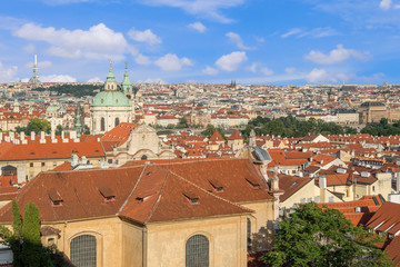 Fototapeta na wymiar Old Town architecture with red roofs in Prague,Top view to red roofs skyline of Prague city, 