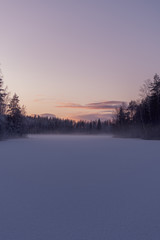 sunset, fog and frozen lake 2