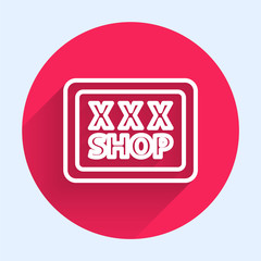 White line Sex shop icon isolated with long shadow. Sex shop, online sex store, adult erotic products concept. Red circle button. Vector Illustration