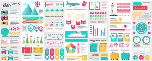 Bundle travel infographic UI, UX, KIT elements with charts, diagrams, summer vacation, flowchart, travel timeline, journey icons elements design template. Vector info graphics and infographics set.