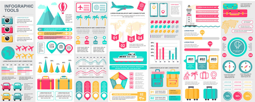 Bundle travel infographic UI, UX, KIT elements with charts, diagrams, summer vacation, flowchart, travel timeline, journey icons elements design template. Vector info graphics and infographics set.