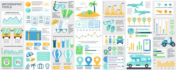 Bundle travel infographic UI, UX, KIT elements with charts, diagrams, summer vacation, flowchart, travel timeline, journey icons elements design template. Vector info graphics and infographics set.