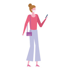 young woman with smartphone using face mask isolated icon vector illustration design