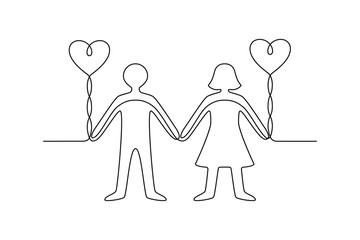 Continuous line drawing. People. Man and woman holding balloons. Black isolated on white background. Hand drawn vector illustration. 