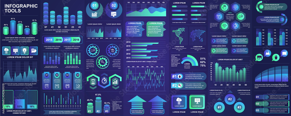Leinwandbilder bundle infographic ui, ux, kit elements with charts, diagrams, workflow, flowchart, timeline, online