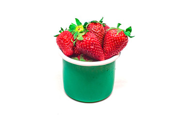 Strawberries in an Enamel Mug, Isolated, White Background