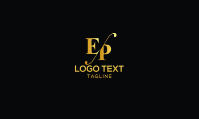 Letter EP with cuts abstract alphabet, font, text, typography, initials design in golden color with black background icon for the logo