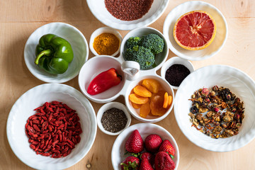 Healthy and colorful food layout fruit and veggies