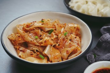 Homemade Rice noodles in chilli oil, selective focus