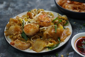 Homecooked Pad Thai with Flat rice noodles and Shrimp