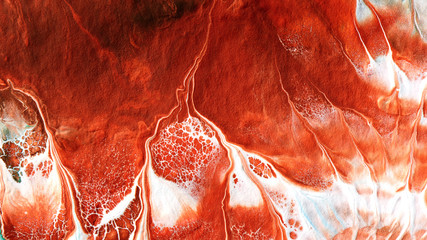 Abstract liquid red white colors paint background. Fluid art, lush lava bloody sea wave