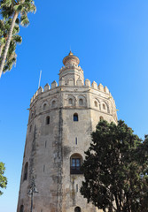 Fototapeta na wymiar Historical building Tower of gold with green trees in a sunny day