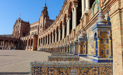 Tiles and decorations in the beautiful Plaza de Espana in Seville. Andalusia, Spain.
