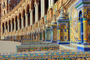 Tiles and decorations in the beautiful Plaza de Espana in Seville. Andalusia, Spain.