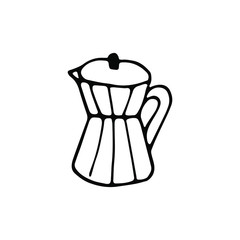 Isolated geyser coffee maker for coffee on white background. Doodle vector illustration. Graphic elements.