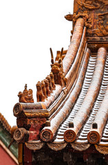 Fototapeta premium View of roof of forbidden city in snow (landmark in Beijing , China)