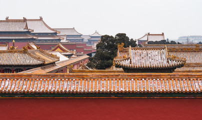 View of forbidden city in snow (landmark in Beijing , China)
